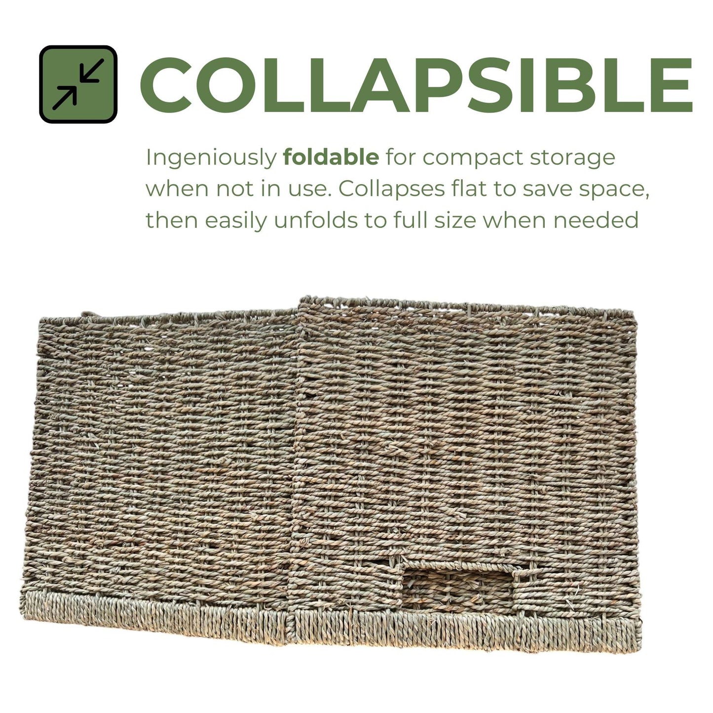 Foldable woven basket shown flattened for compact storage, designed to easily unfold to full size when needed.
