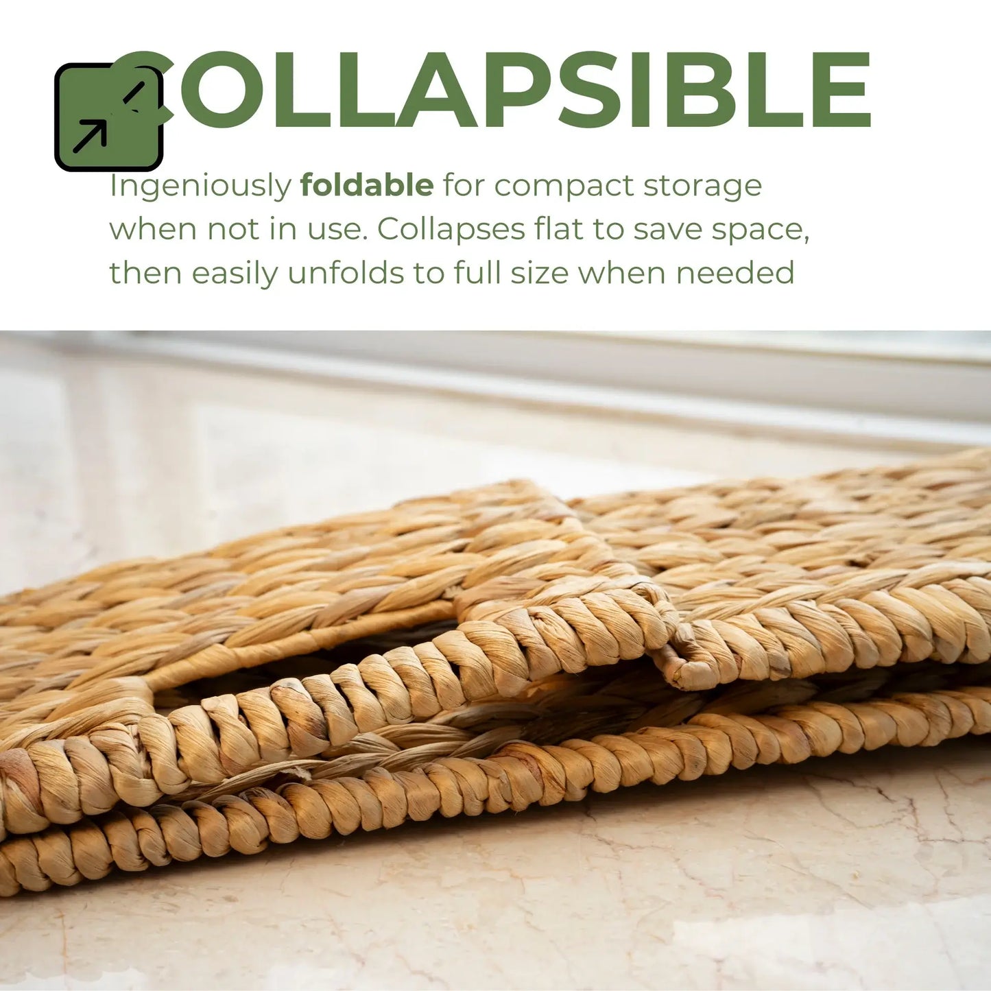 Foldable wicker basket shown collapsed flat for compact storage, with text highlighting its collapsible design for space-saving convenience and easy unfolding to full size when needed.