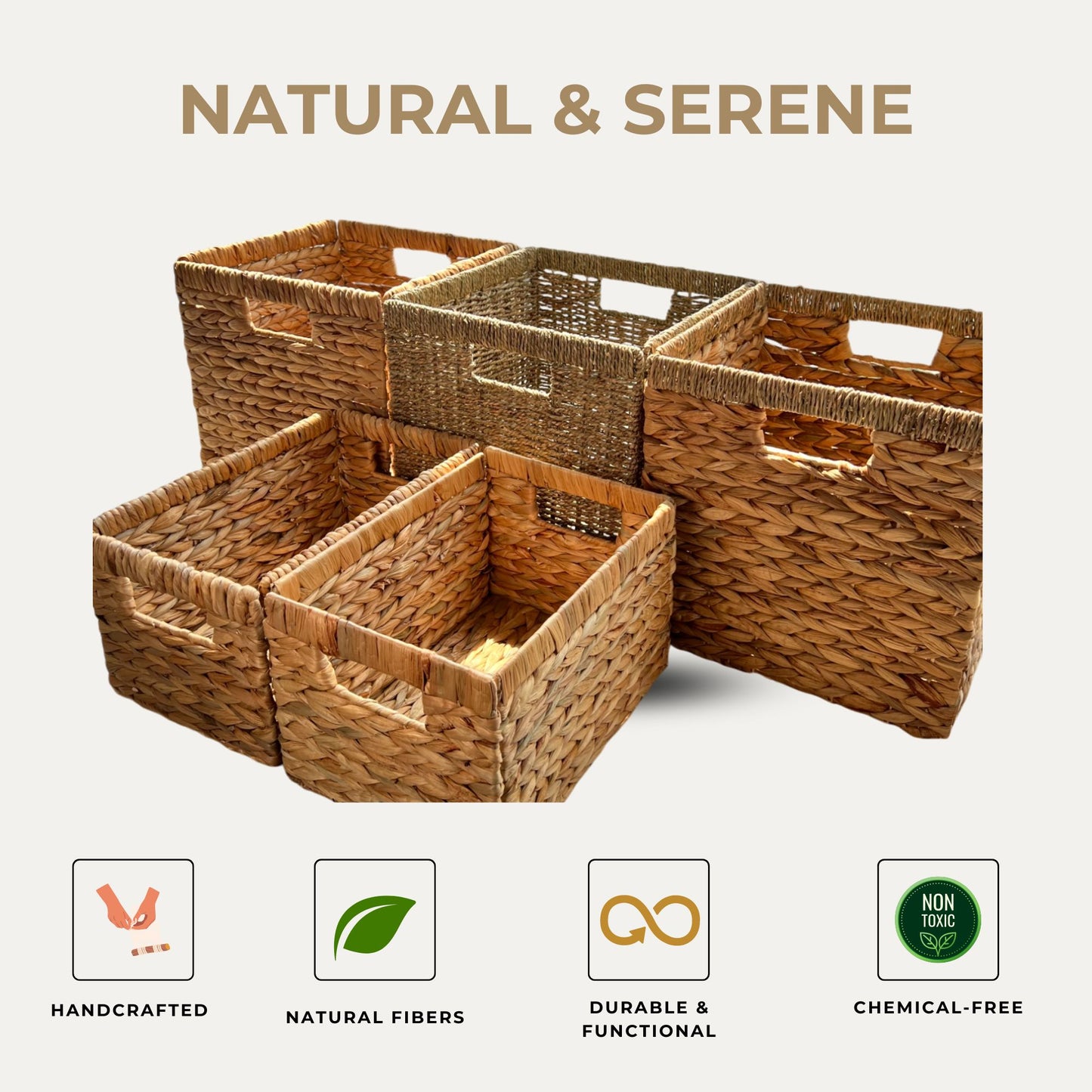 Collection of handcrafted natural fiber woven baskets with handles, highlighting durability, functionality, and eco-friendly materials.