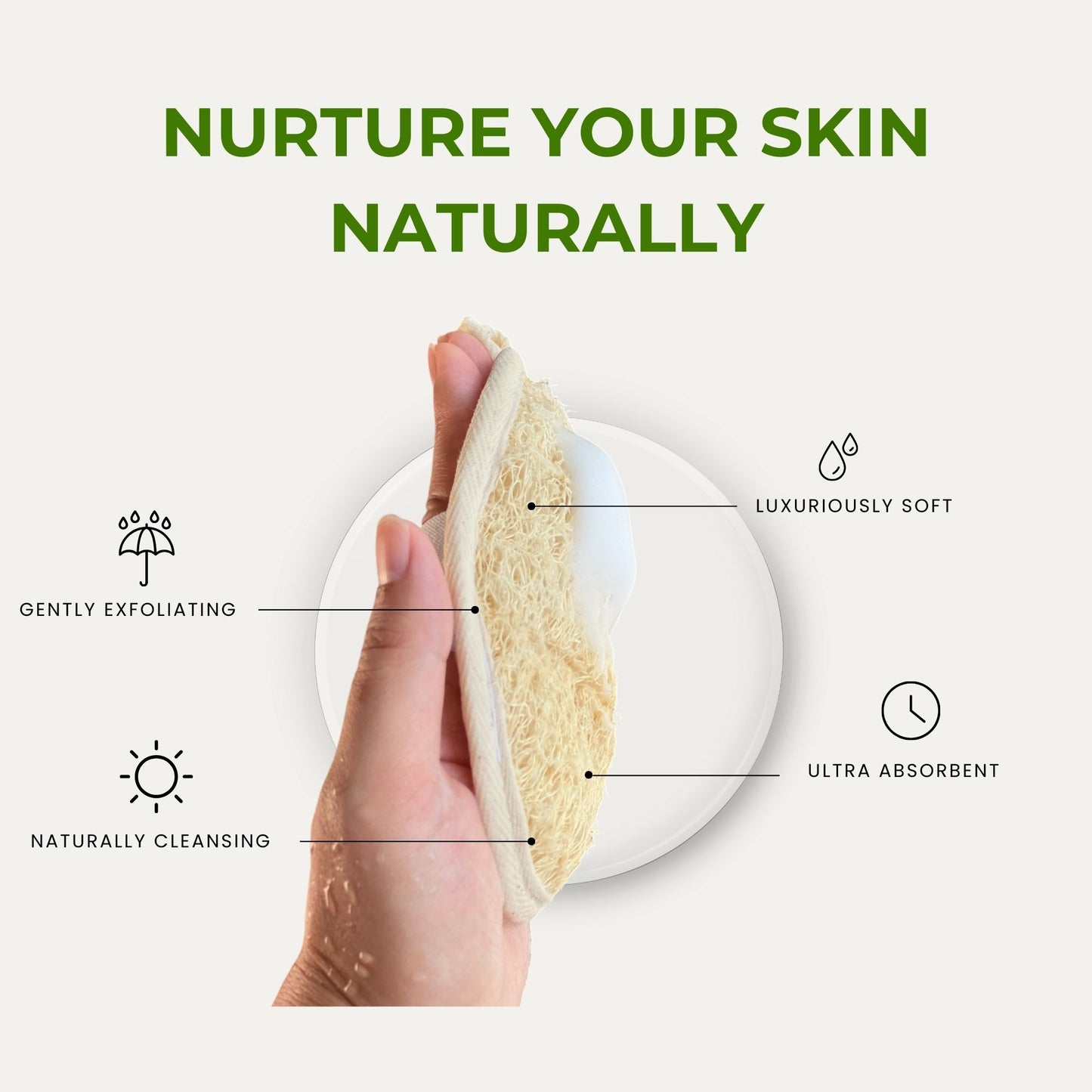 A hand holding a natural loofah sponge with text that reads 'Nurture Your Skin Naturally,' surrounded by features including 'Gently Exfoliating,' 'Naturally Cleansing,' 'Luxuriously Soft,' and 'Ultra Absorbent,' showcasing the sponge's benefits for skincare.