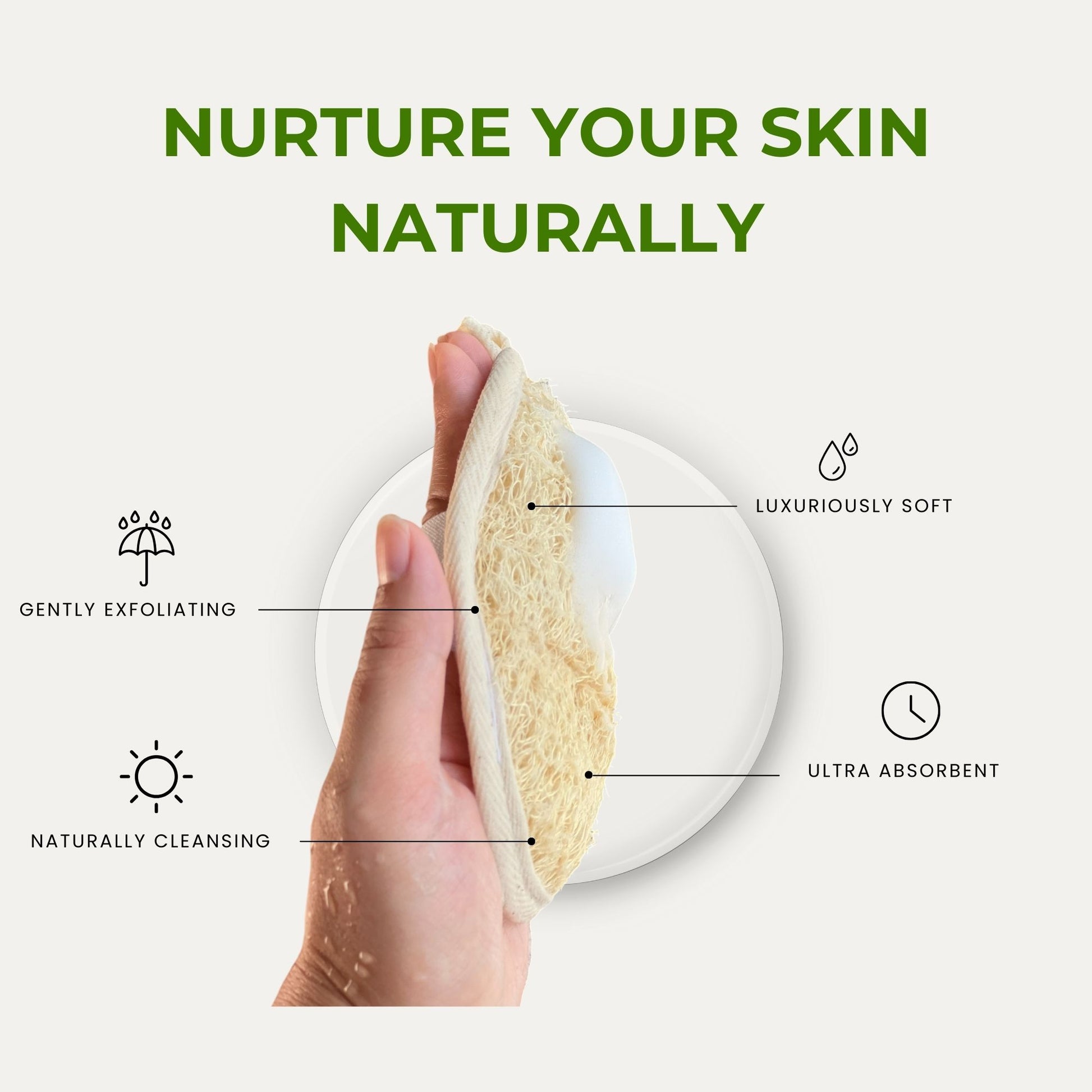 A hand holding a natural loofah sponge with text that reads 'Nurture Your Skin Naturally,' surrounded by features including 'Gently Exfoliating,' 'Naturally Cleansing,' 'Luxuriously Soft,' and 'Ultra Absorbent,' showcasing the sponge's benefits for skincare.