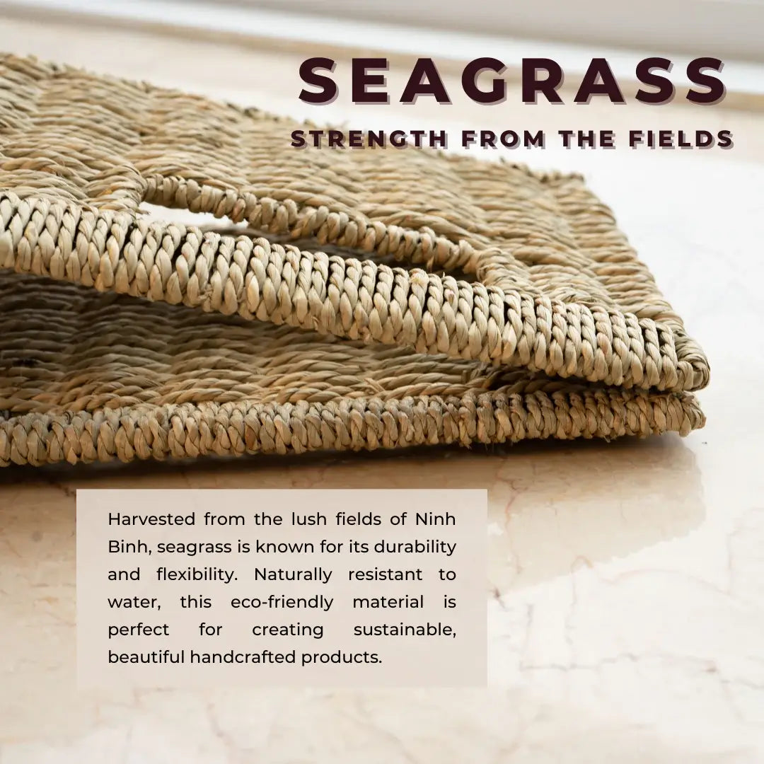 Folded seagrass mat showcasing its natural texture, durability, and eco-friendly qualities, sourced sustainably from Ninh Binh.