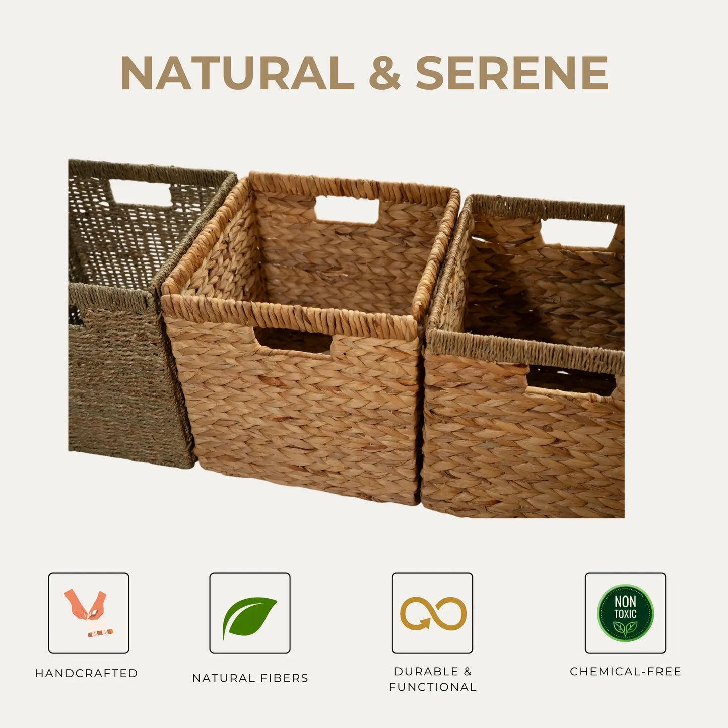 Three natural woven storage baskets with handles, highlighting their handcrafted design, durability, and eco-friendly materials