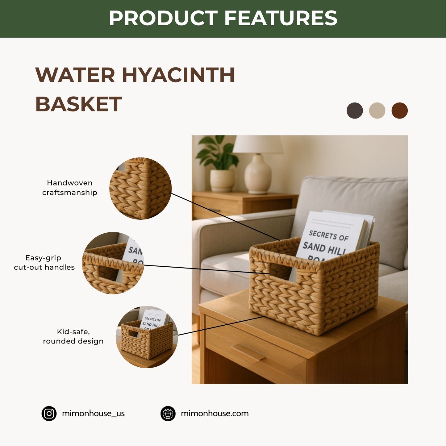 Wicker Basket For Shelves, Baskets for Organizing, Woven Storage Basket Built-in Handles (Medium 2-Pack, Natural Water Hyacinth)