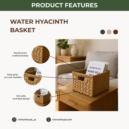 Wicker Basket For Shelves, Baskets for Organizing, Woven Storage Basket Built-in Handles (Medium 2-Pack, Natural Water Hyacinth)