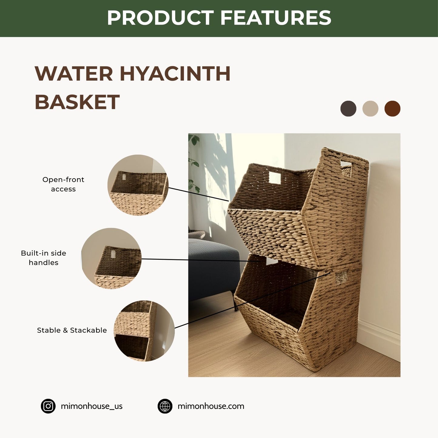 Wicker Stackable Storage Basket 15x15x13 Set of 2, Heavy Duty Hyacinth Storage Baskets with Built-In Handles for Toys, Books, Kitchen, Office & Home Organization(water hyacinth)