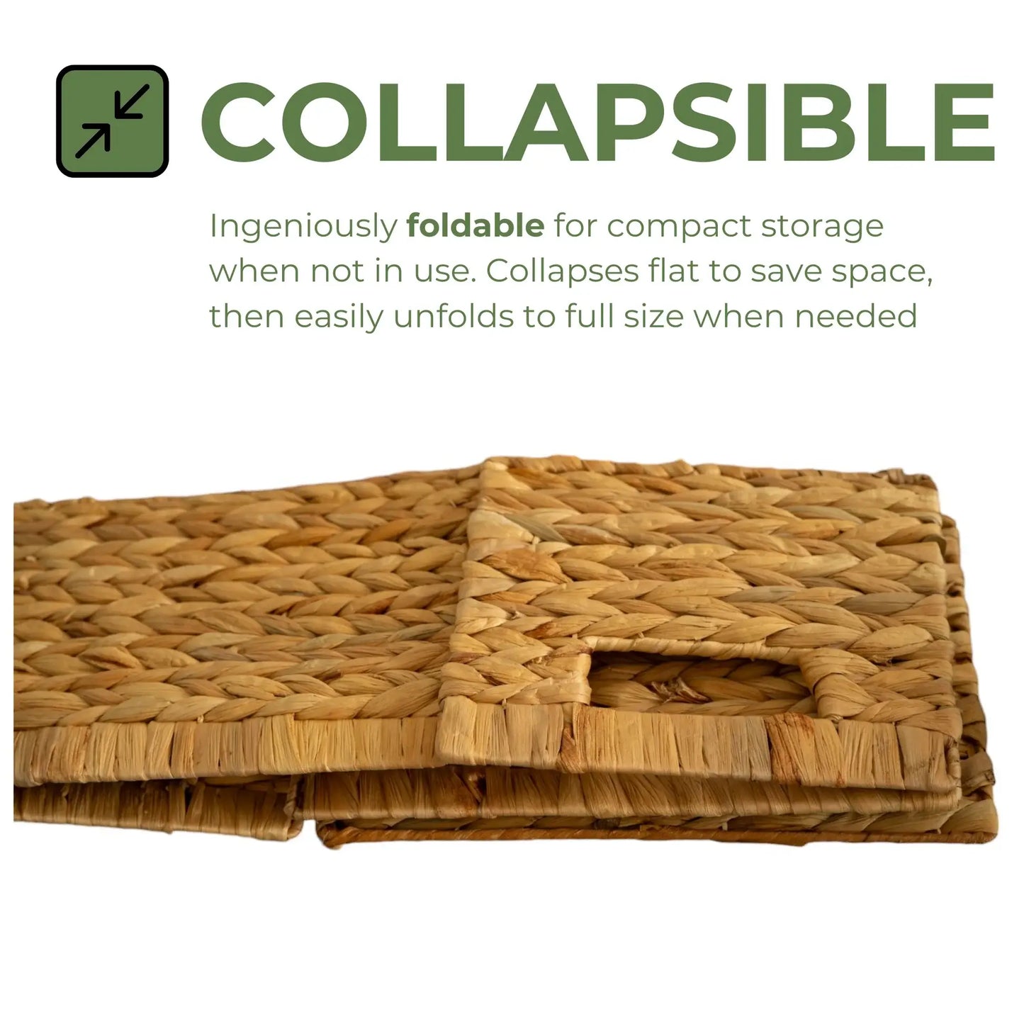 Collapsible woven wicker basket shown folded flat, designed for compact storage and easy unfolding when needed.