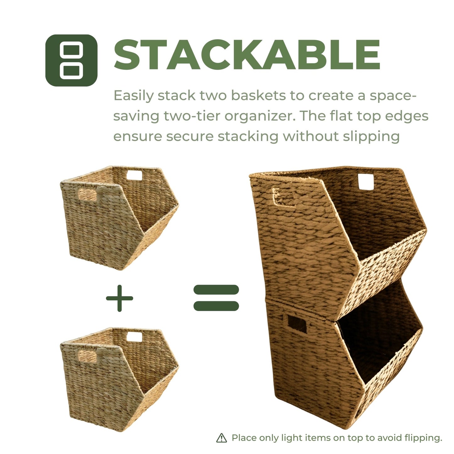 Wicker Stackable Storage Basket 15x15x13 Set of 2, Heavy Duty Hyacinth Storage Baskets with Built-In Handles for Toys, Books, Kitchen, Office & Home Organization(water hyacinth)