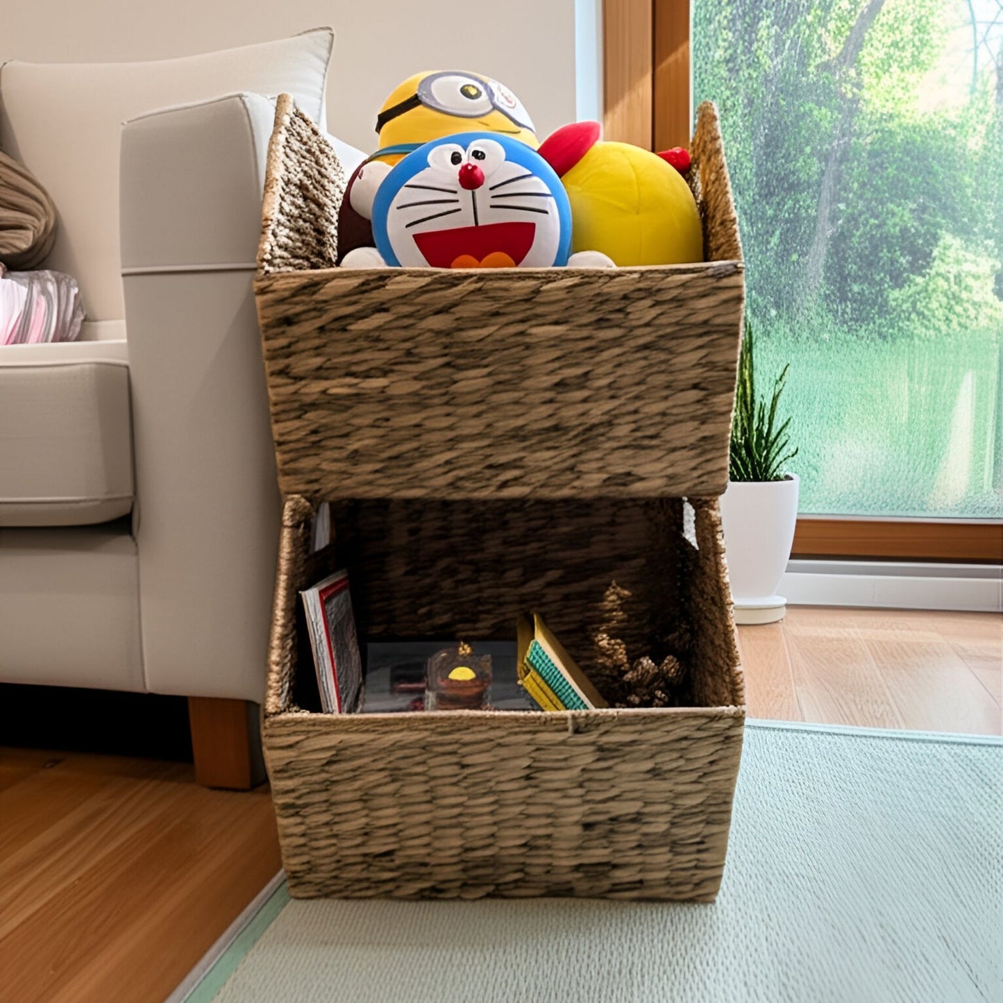 Wicker Stackable Storage Basket 15x15x13 Set of 2, Heavy Duty Hyacinth Storage Baskets with Built-In Handles for Toys, Books, Kitchen, Office & Home Organization(water hyacinth)