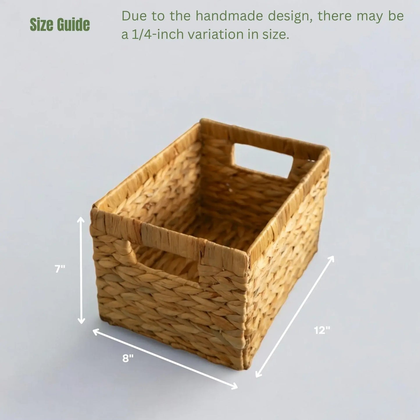 Handmade rectangular wicker basket with dimensions of 12 inches by 8 inches by 7 inches, featuring side handles and a size guide noting a 1/4-inch variation.
