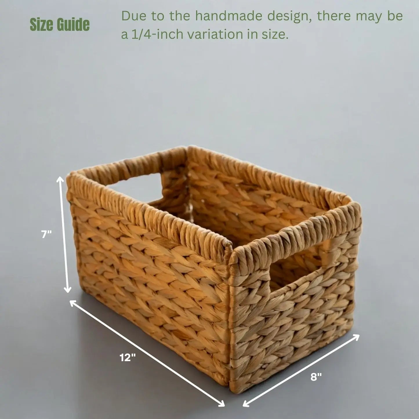 Rectangular woven wicker basket with side handles, measuring 12 inches in length, 8 inches in width, and 7 inches in height. The text highlights a size guide noting a possible 1/4-inch variation due to the handmade design.