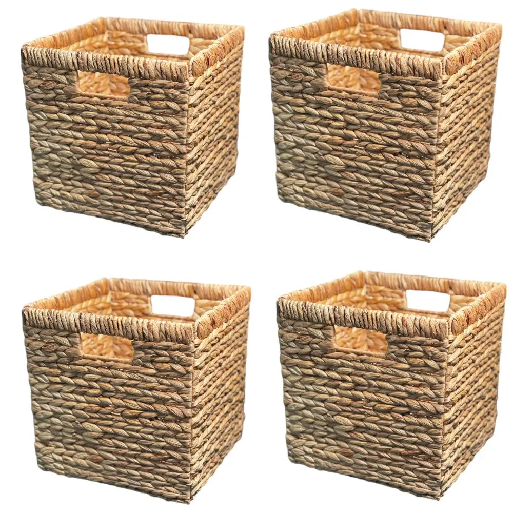 Set of four square woven wicker baskets with built-in handles, perfect for storage and organization.