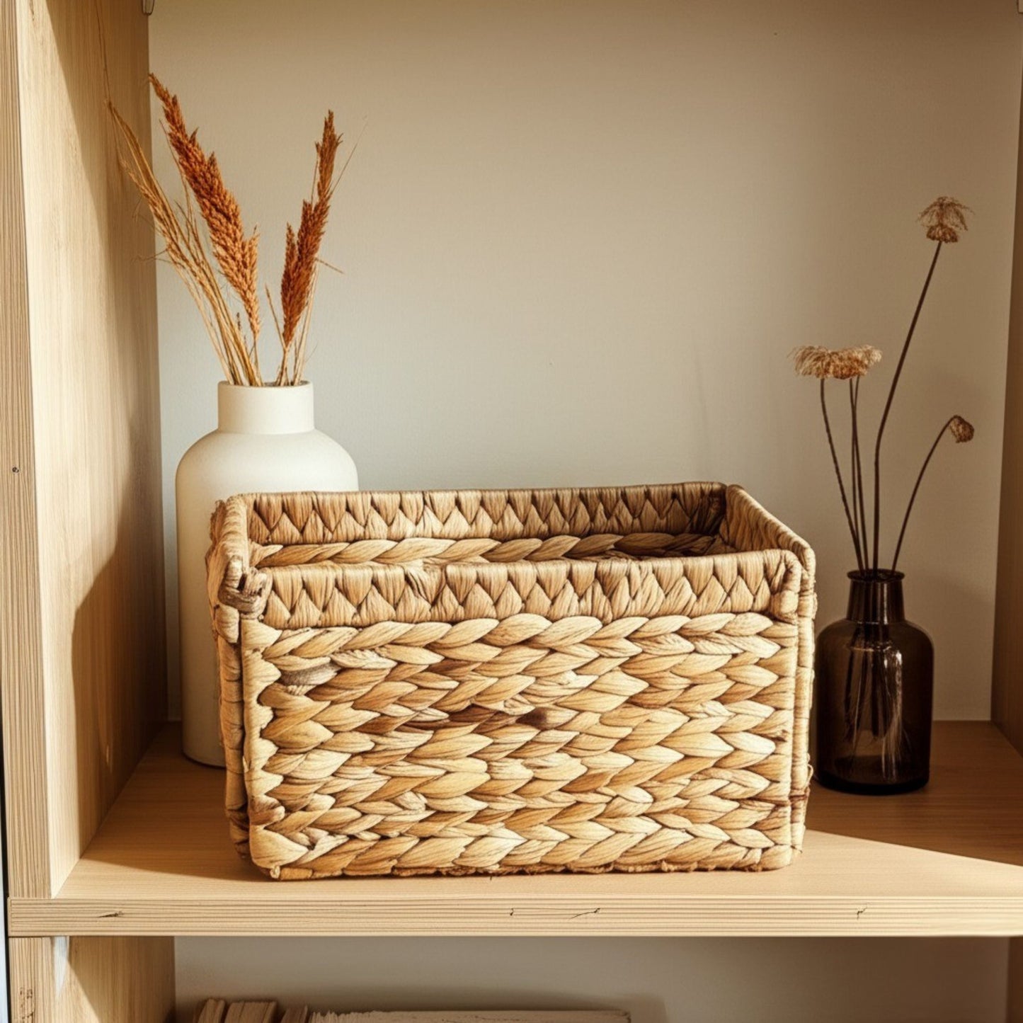 Wicker Basket For Shelves, Baskets for Organizing, Woven Storage Basket Built-in Handles (Medium 2-Pack, Natural Water Hyacinth)