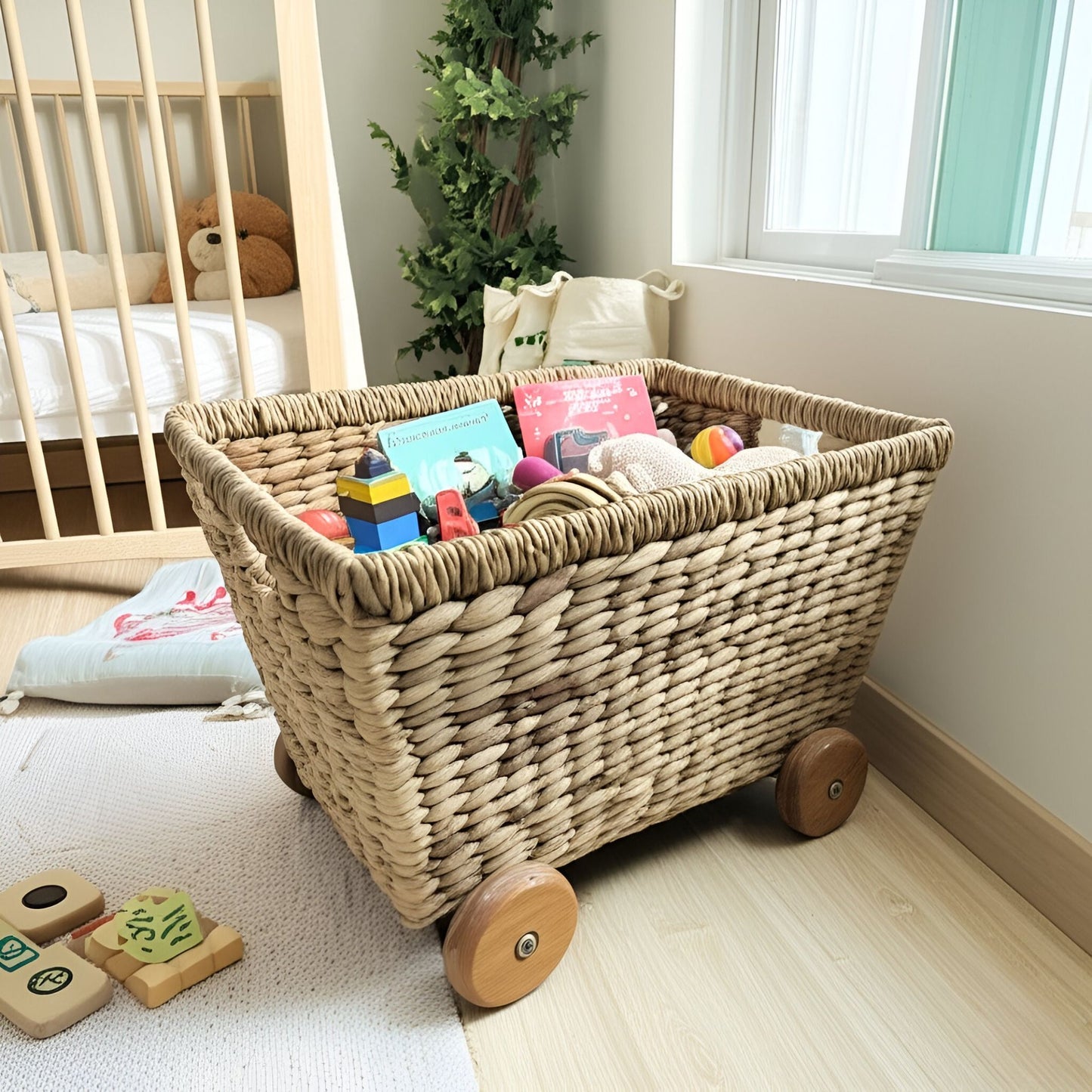 Wicker Wheeled Storage Cubes, Heavy Duty Hyacinth Storage Baskets, Baskets for Organizing, Storage Woven Basket, Toys Storage (Water Hyacinth)