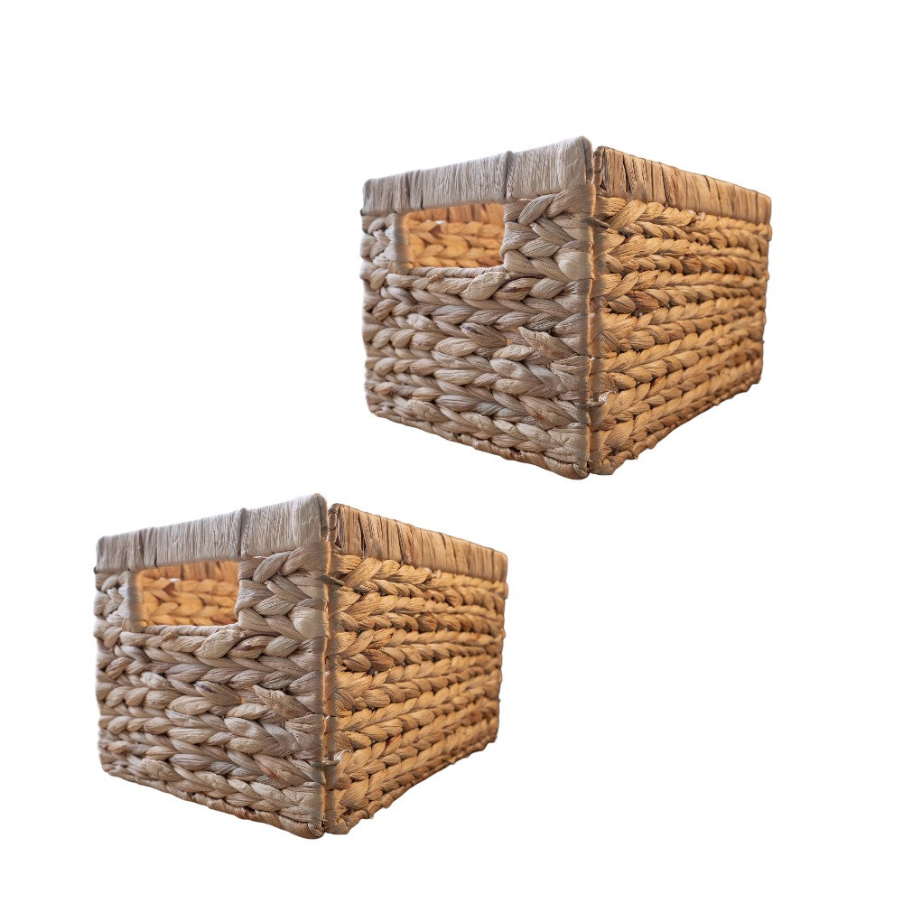 Two square woven wicker storage baskets with built-in handles, showcasing a natural texture and compact design ideal for organizing shelves, closets, or small spaces.