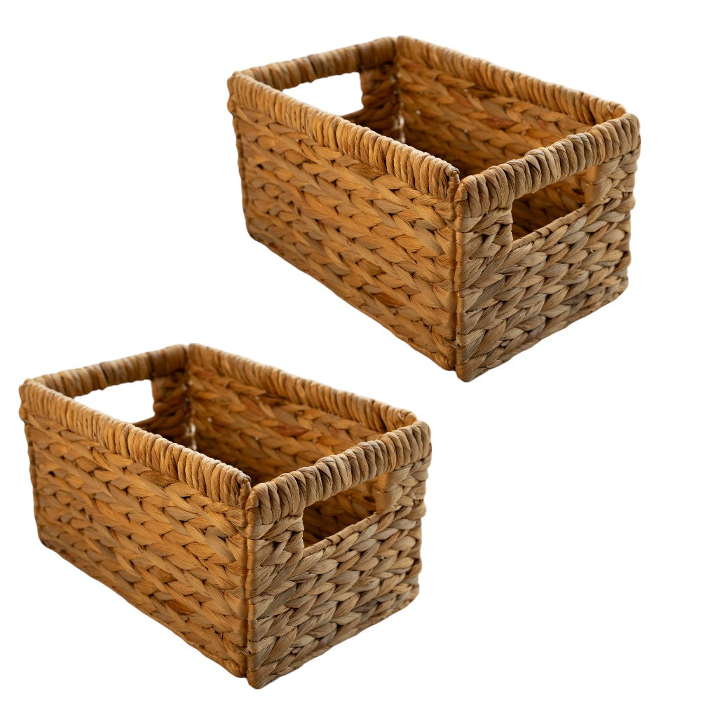 Two rectangular woven storage baskets made from natural wicker material, featuring built-in handles on each side for easy portability. Ideal for organizing shelves, closets, or pantry spaces