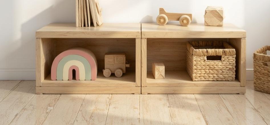 Wooden storage shelf featuring compartments holding decorative toys, including a pastel rainbow, a wooden car, and blocks, alongside a woven wicker basket for organizing small items. The setup adds functionality and charm to a children's playroom or nursery.
