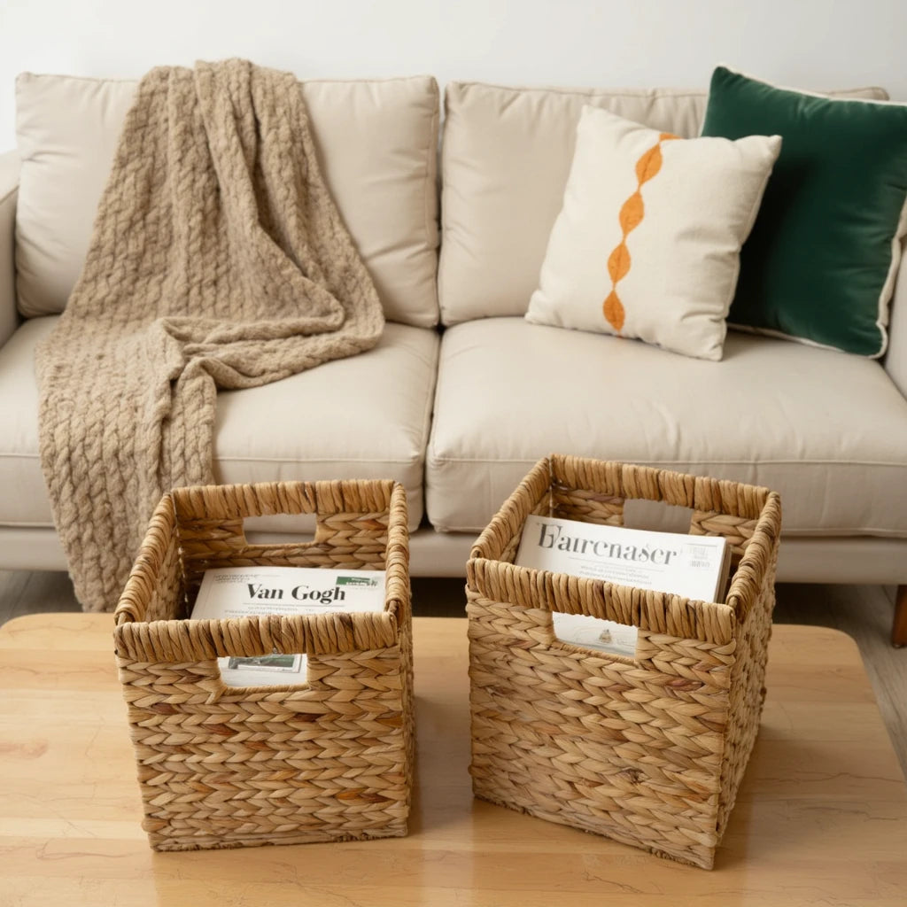 Two square woven wicker baskets holding books, placed on a wooden coffee table in front of a cozy beige sofa with throw pillows and a knitted blanket.