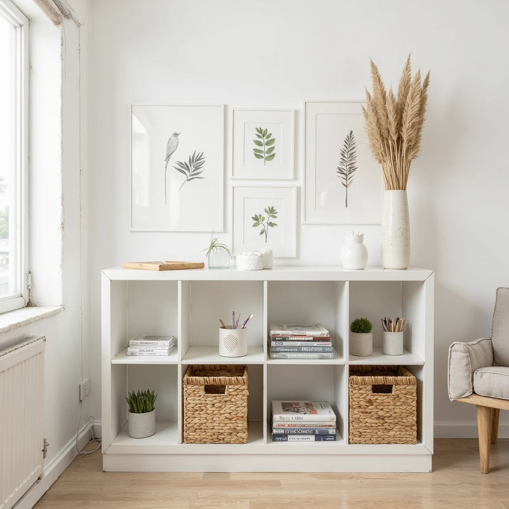 White cubby shelf with books, plants, and wicker baskets for storage, styled with minimalist decor and botanical wall art.