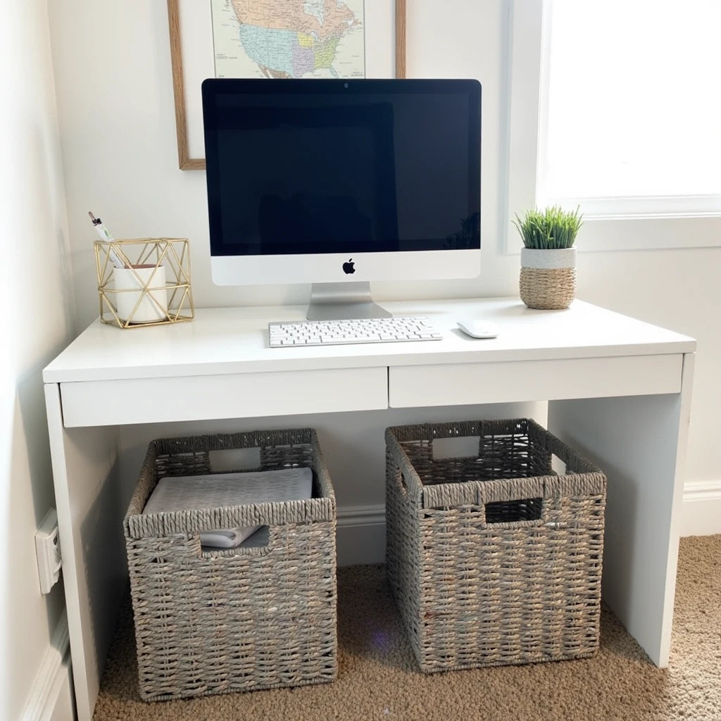 Modern home office setup with a white desk, featuring two gray woven storage baskets underneath, a computer on top, and minimal decor.