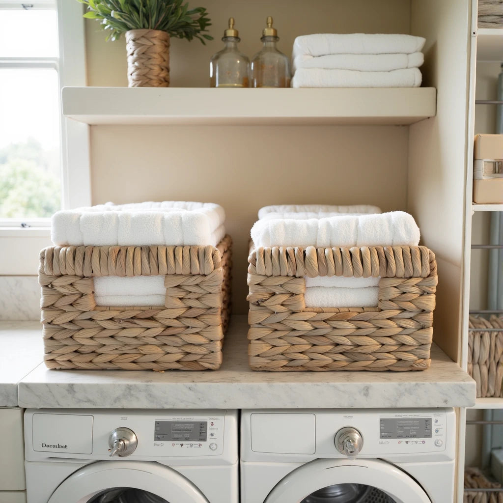 Two woven wicker storage baskets placed on a marble countertop above a washing machine, each holding neatly folded white towels. The setup is part of a well-organized laundry area with shelves displaying additional towels, glass bottles, and decorative plants.