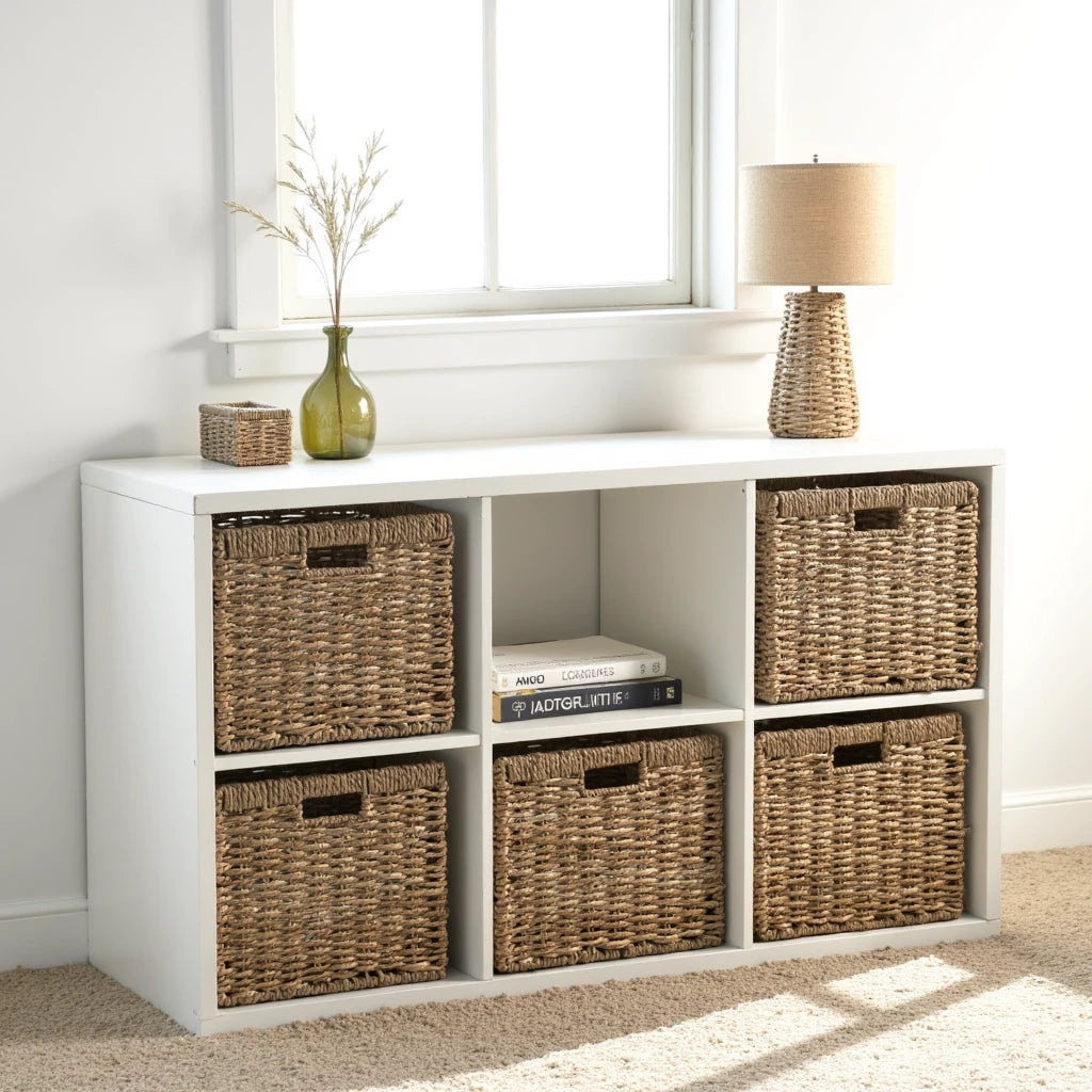 White cubby shelf featuring six wicker storage baskets, styled with a table lamp, vase, and books for a functional and decorative setup
