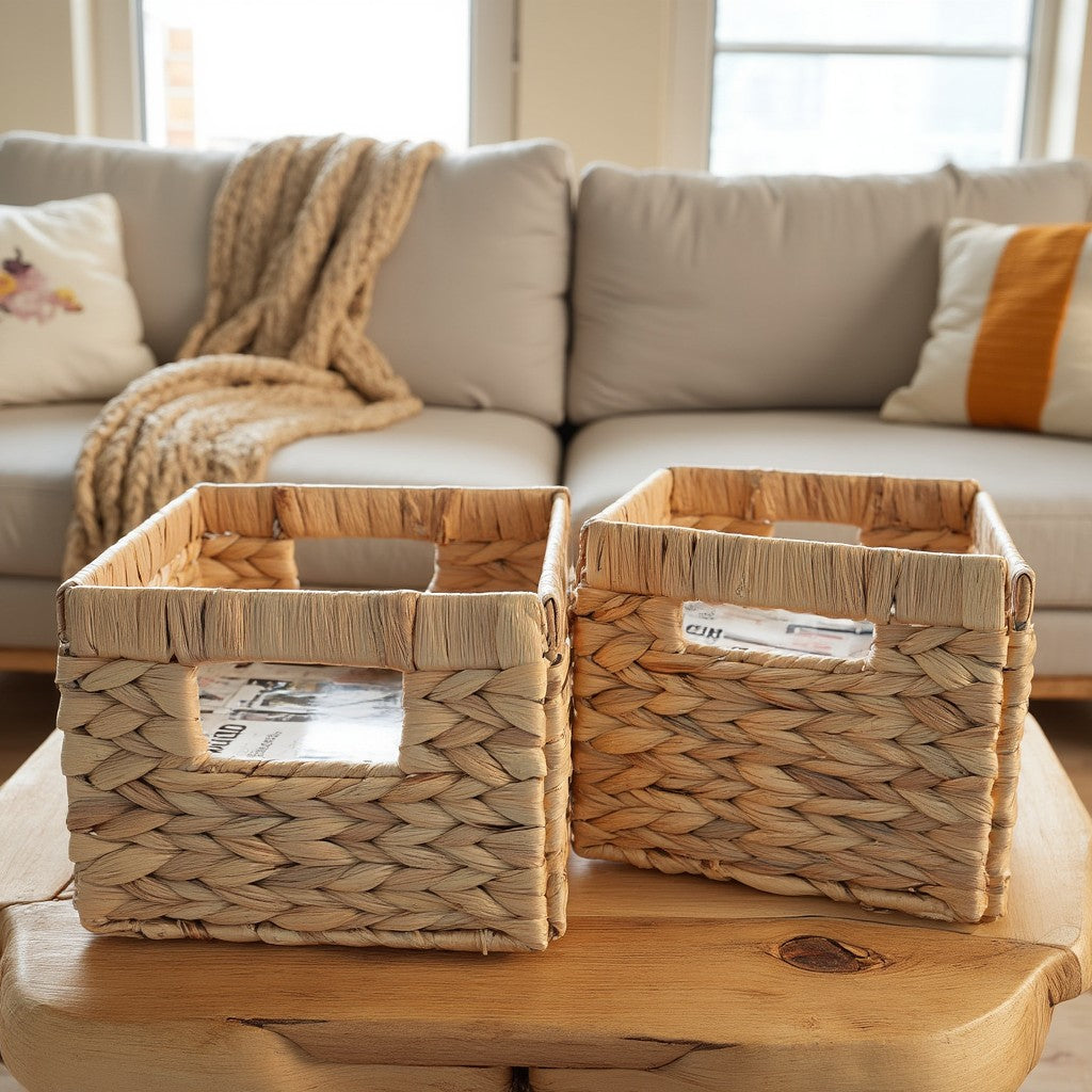Two square woven wicker baskets on a wooden coffee table in a cozy living room