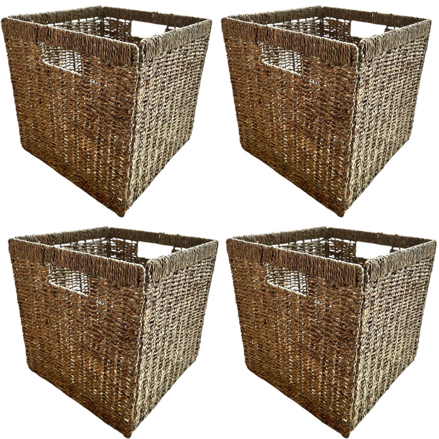 Set of four square woven baskets with built-in handles, ideal for storage and organization