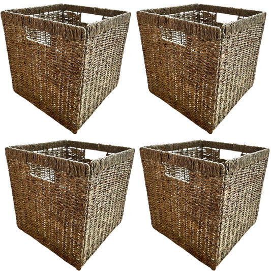 Set of four square woven baskets with built-in handles, ideal for storage and organization