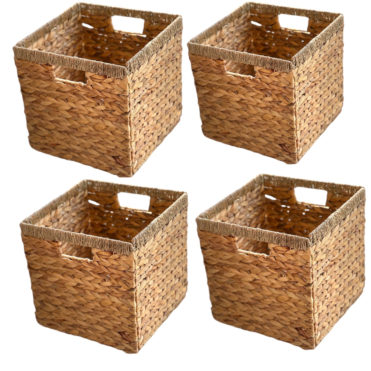 Set of four square woven storage baskets with handles, ideal for organizing shelves or spaces.