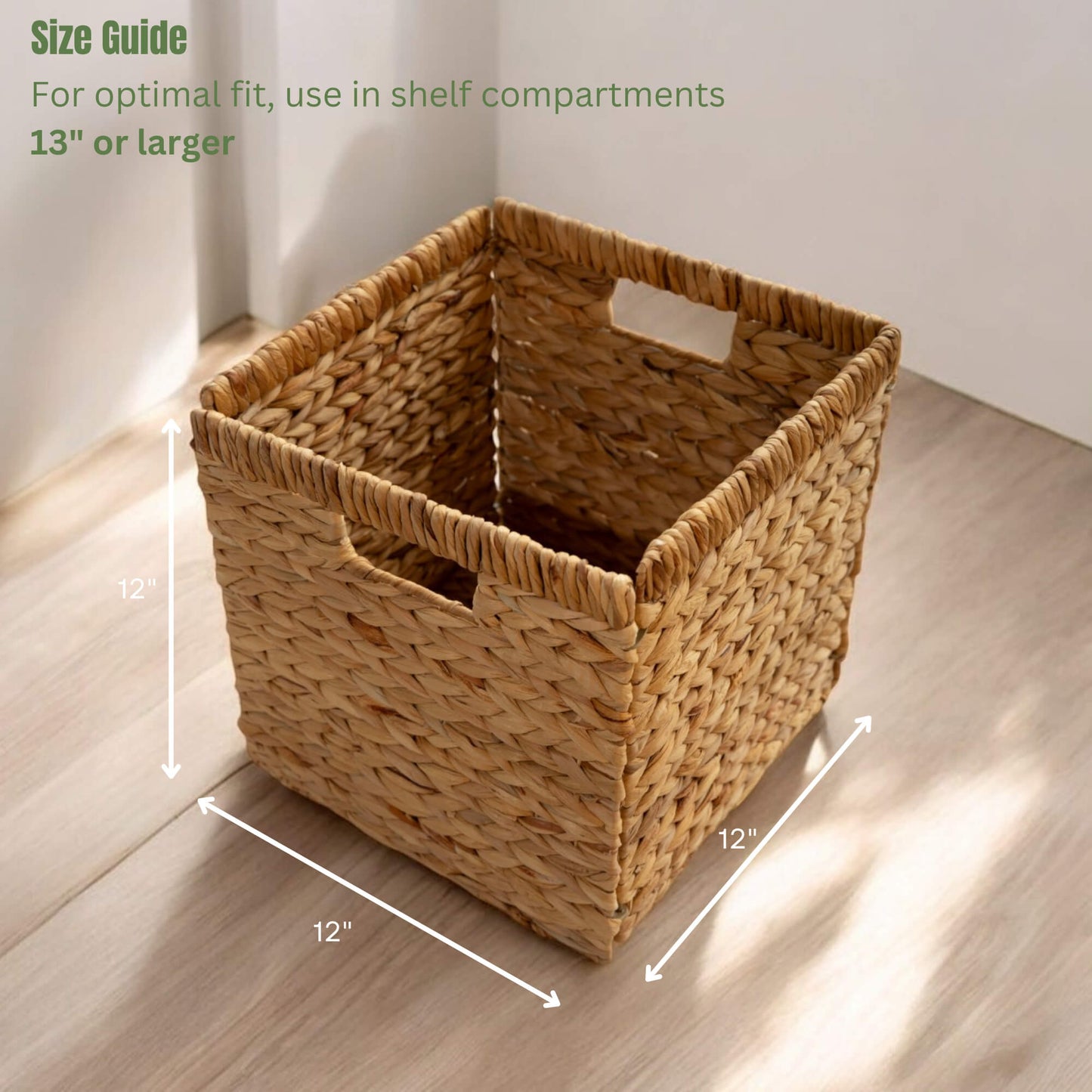 Square woven wicker basket with handles, measuring 12 inches on all sides, suitable for shelf compartments 13 inches or larger.