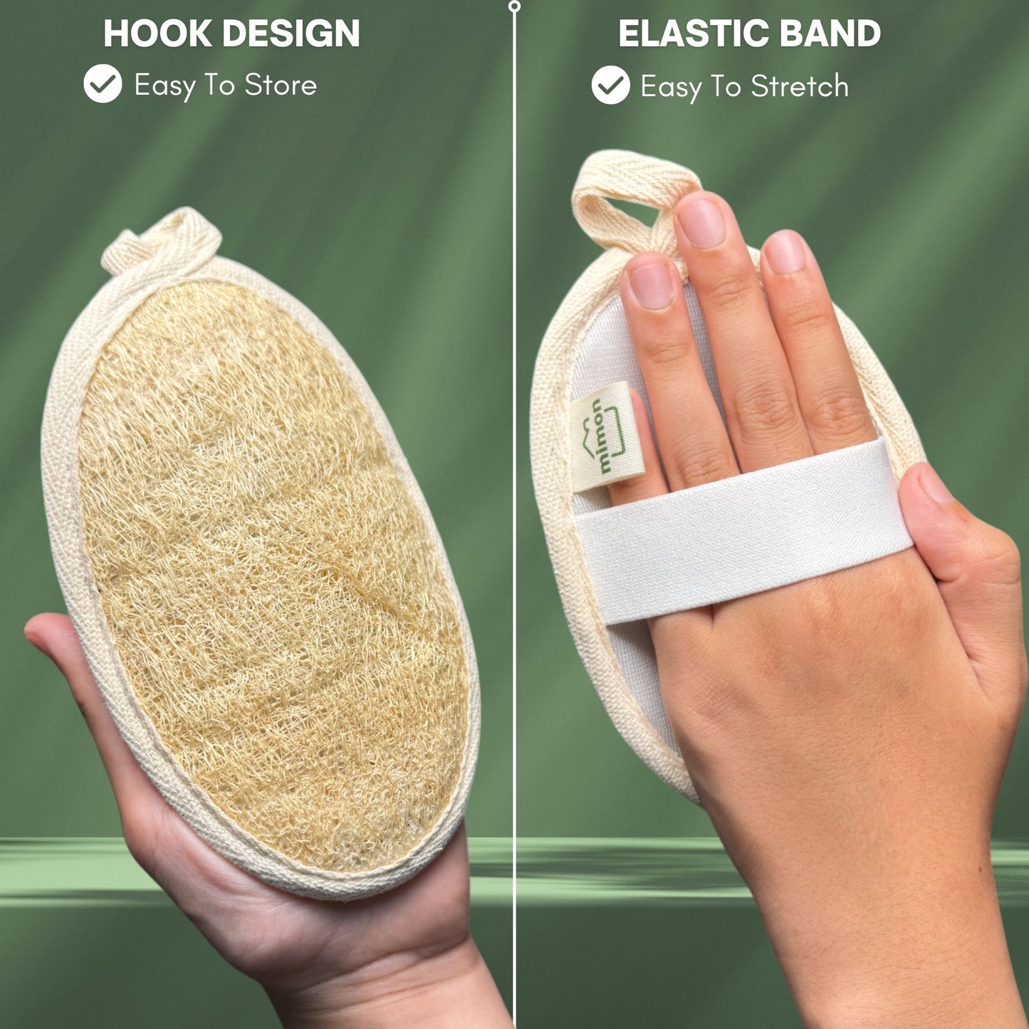 A dual-feature showcase of an oval-shaped loofah sponge. The left side highlights the 'Hook Design' for easy storage, while the right side features an 'Elastic Band' for easy stretching, with a hand secured behind the sponge for comfortable use. The green background emphasizes the eco-friendly design