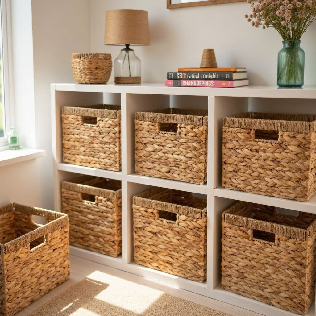 White cubby shelf neatly organized with woven baskets, styled with books, a lamp, and decorative accents, creating a cozy and functional storage solution.