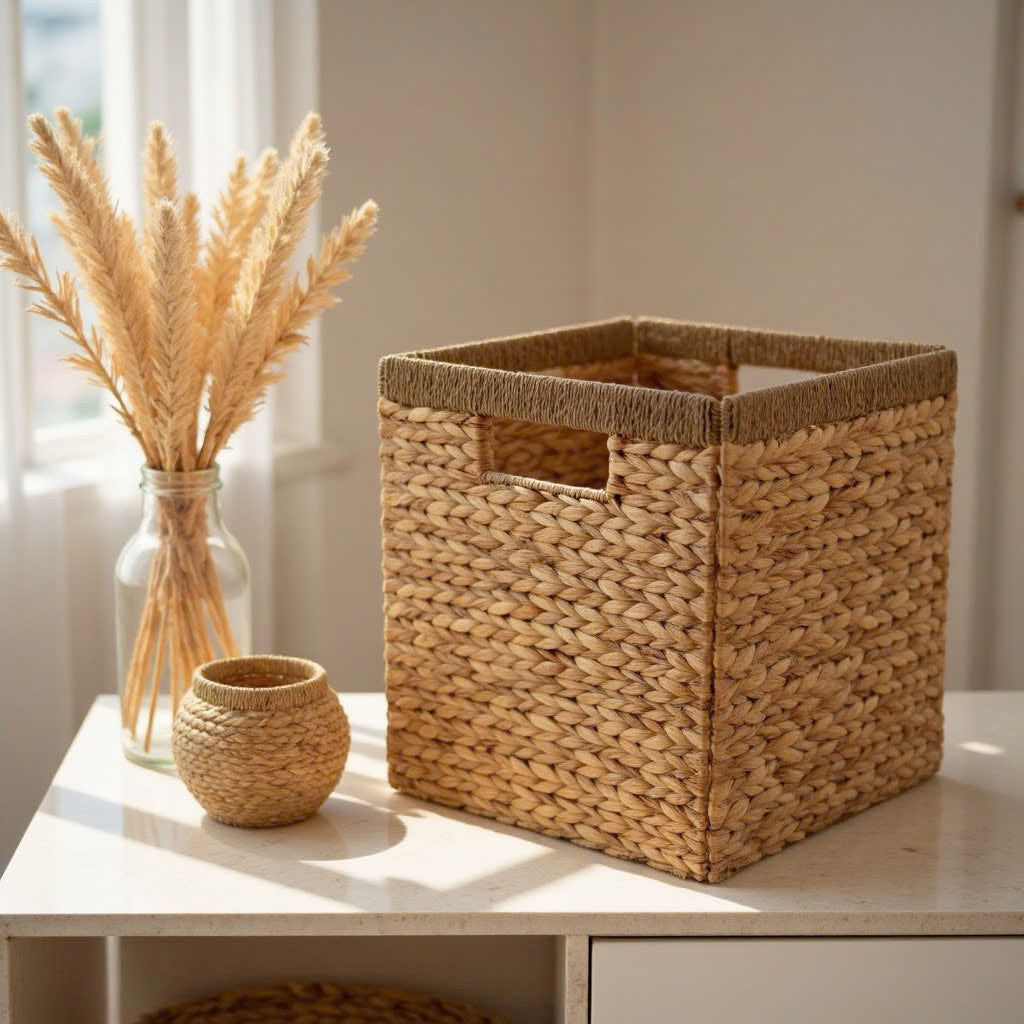 Square woven basket with handles placed on a white surface, styled with a glass vase of dried wheat and a small woven pot for a natural decor aesthetic.