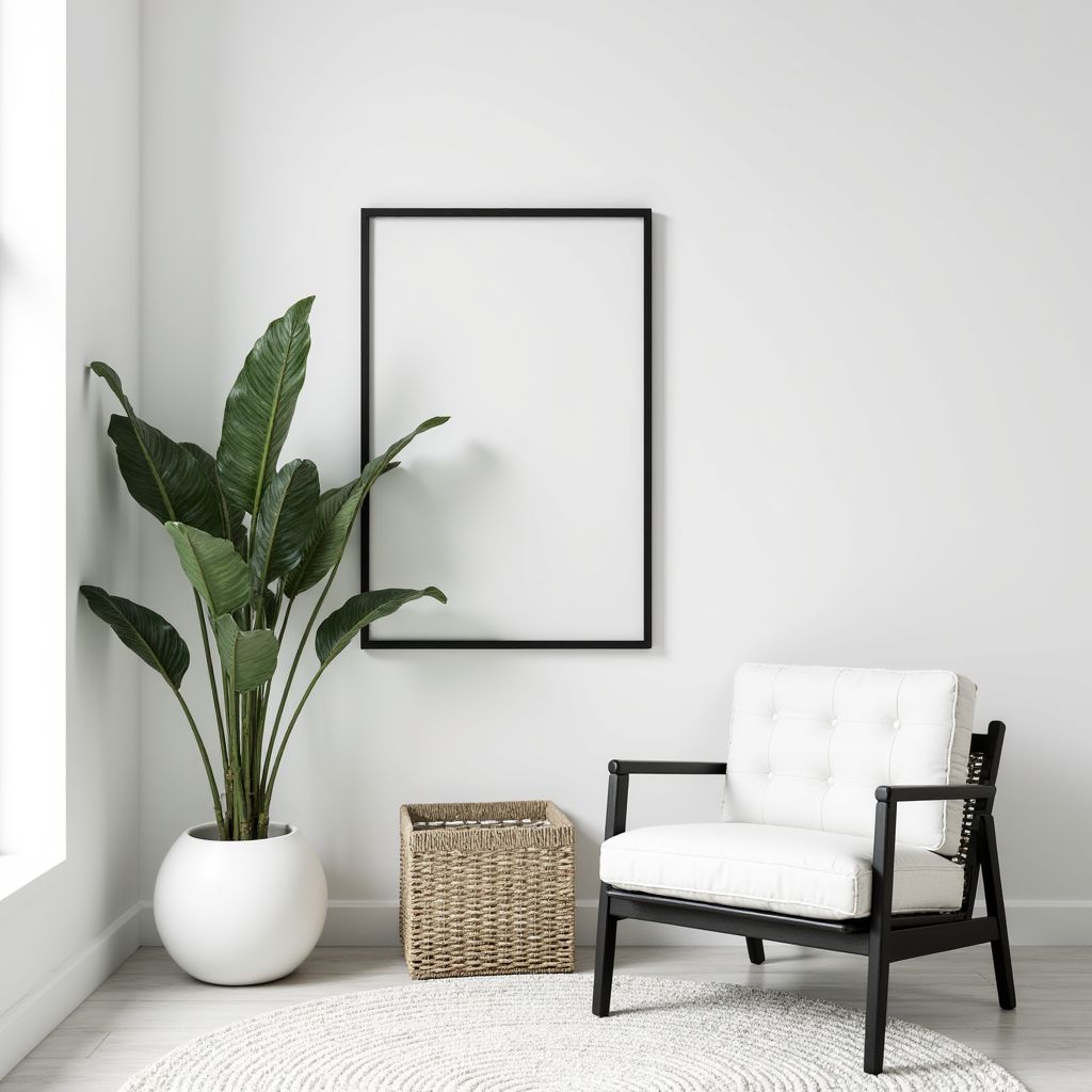 Minimalist living room with a stylish storage basket for organizing essentials, featuring a modern black chair and a lush green plant. The perfect blend of decor and functionality.