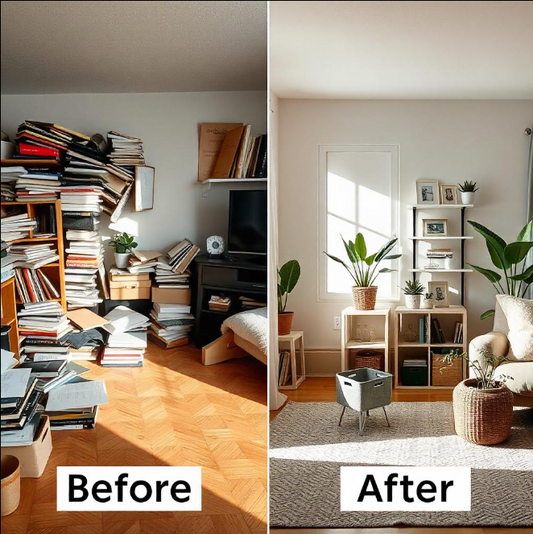 Before and after photos of a decluttered living space showing significant transformation.