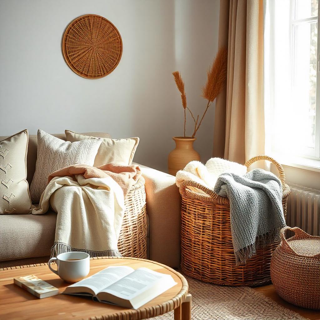 Cozy living room with rattan basket filled with soft blankets, natural light streaming in through window, minimalist decor with book and tea on coffee table, earthy color palette