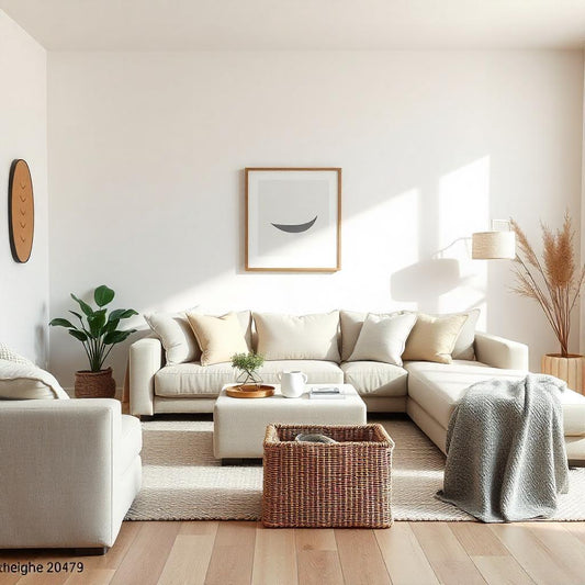 A minimalist living room with a cream sofa, light wood floors, and natural accents like a woven basket and potted plant. Sunlight brightens the space, creating a calm and cozy atmosphere.