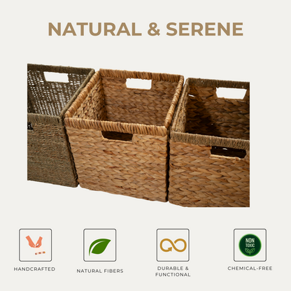 Wicker Storage Cubes 12x12 Cube Bins, Natural Foldable Square Baskets, Ikea Kallax Inserts (4 Pack) - Water Hyacinth