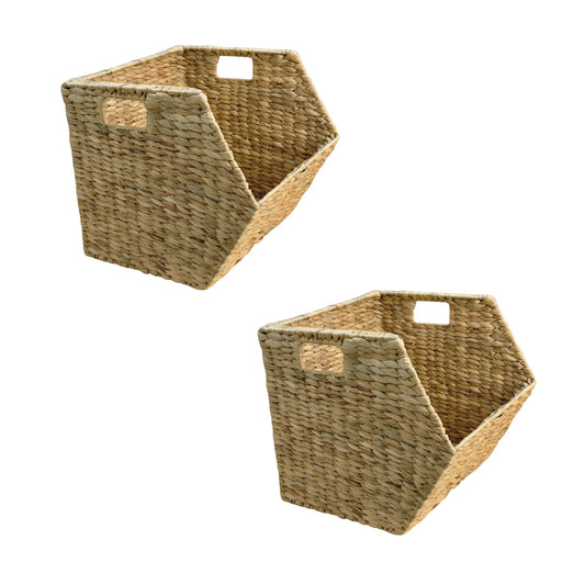 Wicker Stackable Storage Basket 15x15x13 Set of 2, Heavy Duty Hyacinth Storage Baskets with Built-In Handles for Toys, Books, Kitchen, Office & Home Organization(water hyacinth)