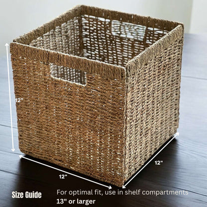 Wicker Storage Cubes 12x12 Cube Bins, Natural Foldable Square Baskets, Ikea Kallax Inserts (4 Pack) Seagrass