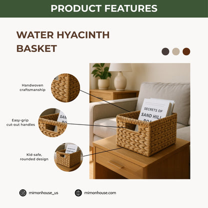Wicker Basket For Shelves, Baskets for Organizing, Woven Storage Basket Built-in Handles (Medium 2-Pack, Natural Water Hyacinth)