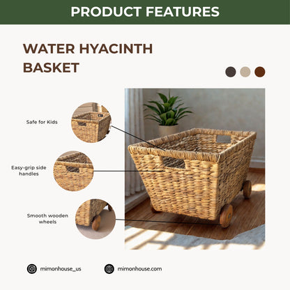 Wicker Wheeled Storage Cubes, Heavy Duty Hyacinth Storage Baskets, Baskets for Organizing, Storage Woven Basket, Toys Storage (Water Hyacinth)