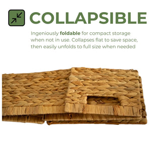 Collapsible woven wicker basket shown folded flat, designed for compact storage and easy unfolding when needed.