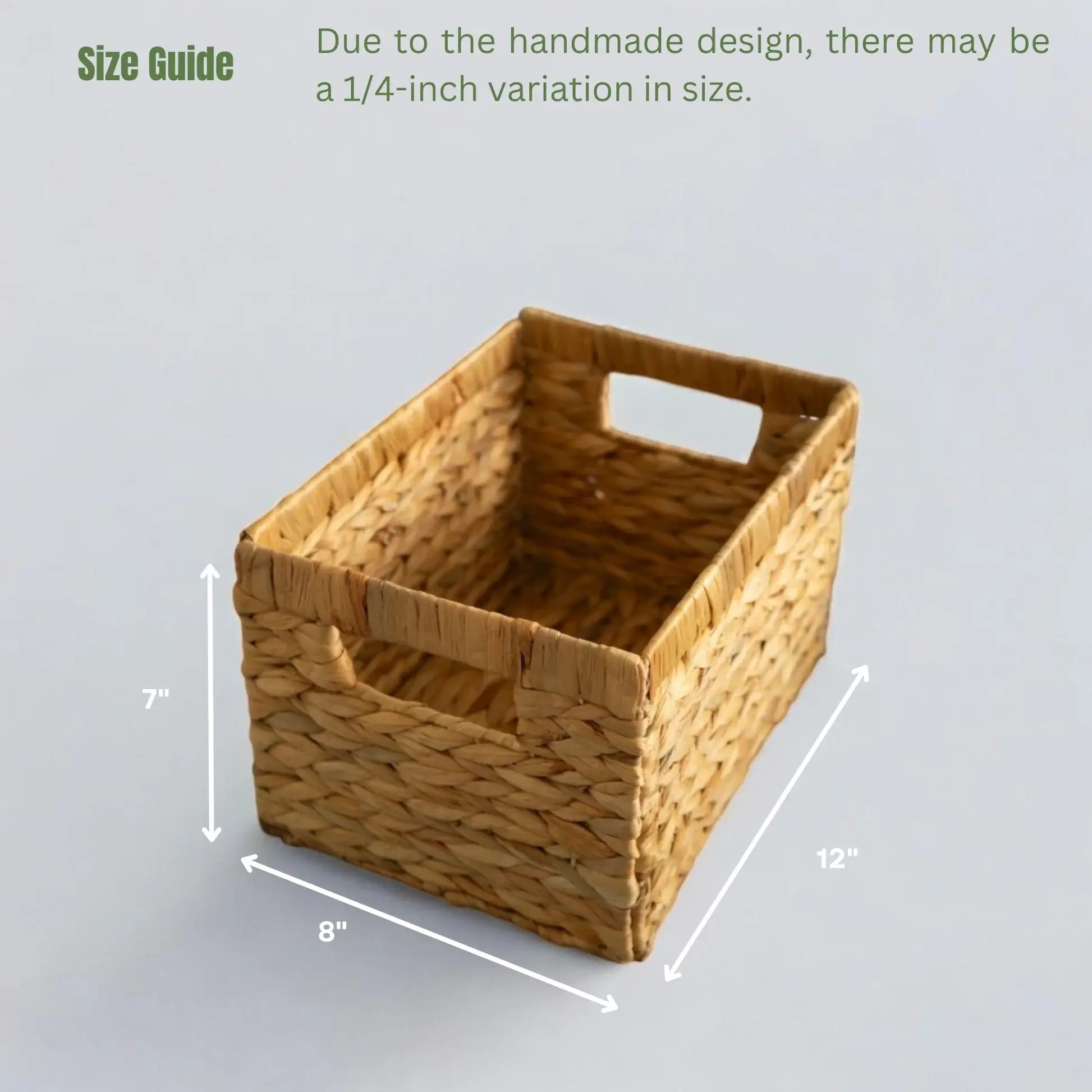 Handmade rectangular wicker basket with dimensions of 12 inches by 8 inches by 7 inches, featuring side handles and a size guide noting a 1/4-inch variation.