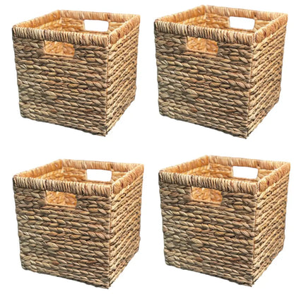 Set of four square woven wicker baskets with built-in handles, perfect for storage and organization.