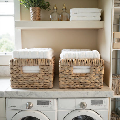 Two woven wicker storage baskets placed on a marble countertop above a washing machine, each holding neatly folded white towels. The setup is part of a well-organized laundry area with shelves displaying additional towels, glass bottles, and decorative plants.