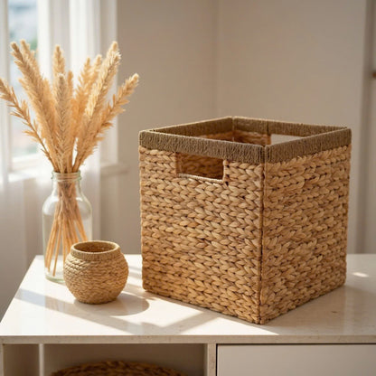 Wicker Storage Cubes 12x12, Heavy Duty Water Hyacinth Baskets for Shelf, Natural Foldable Square Baskets, Ikea Kallax Inserts (4 pack) - Water Hyacinth & Seagrass